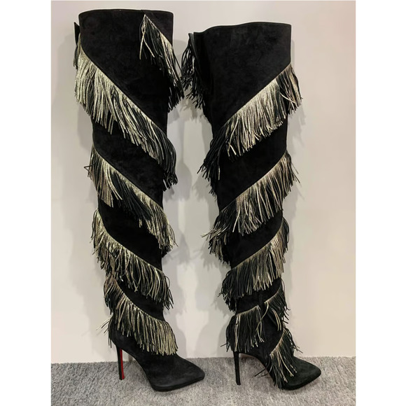 Christian Louboutin Bolcheva 120 Black Gold Fring Thigh High Knee Heel Boot 40.5 - Picture 4 of 12